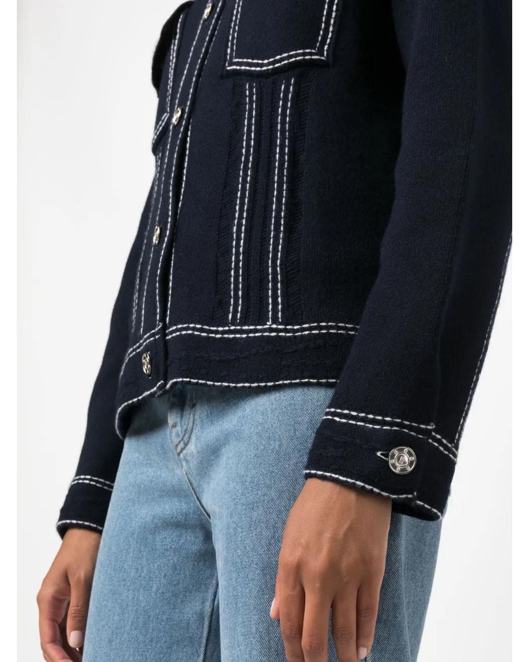 Barrie Black Contrast-Stitching Denim-Effect Jacket