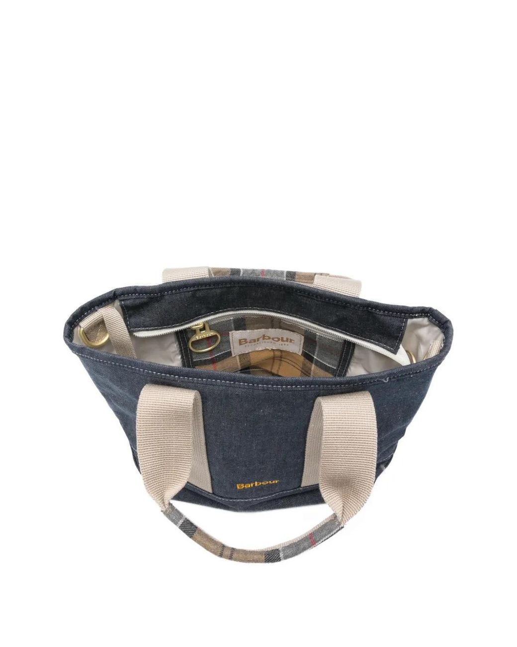 Barbour Blue Mini Mya Tartan-Detail Denim Tote Bag