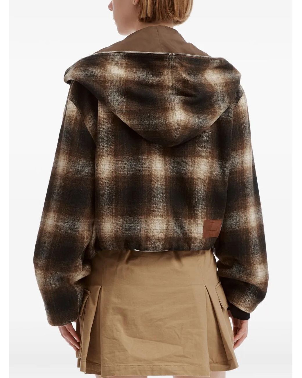 Izzue Brown Check-Pattern Heart-Patch Cropped Jacket