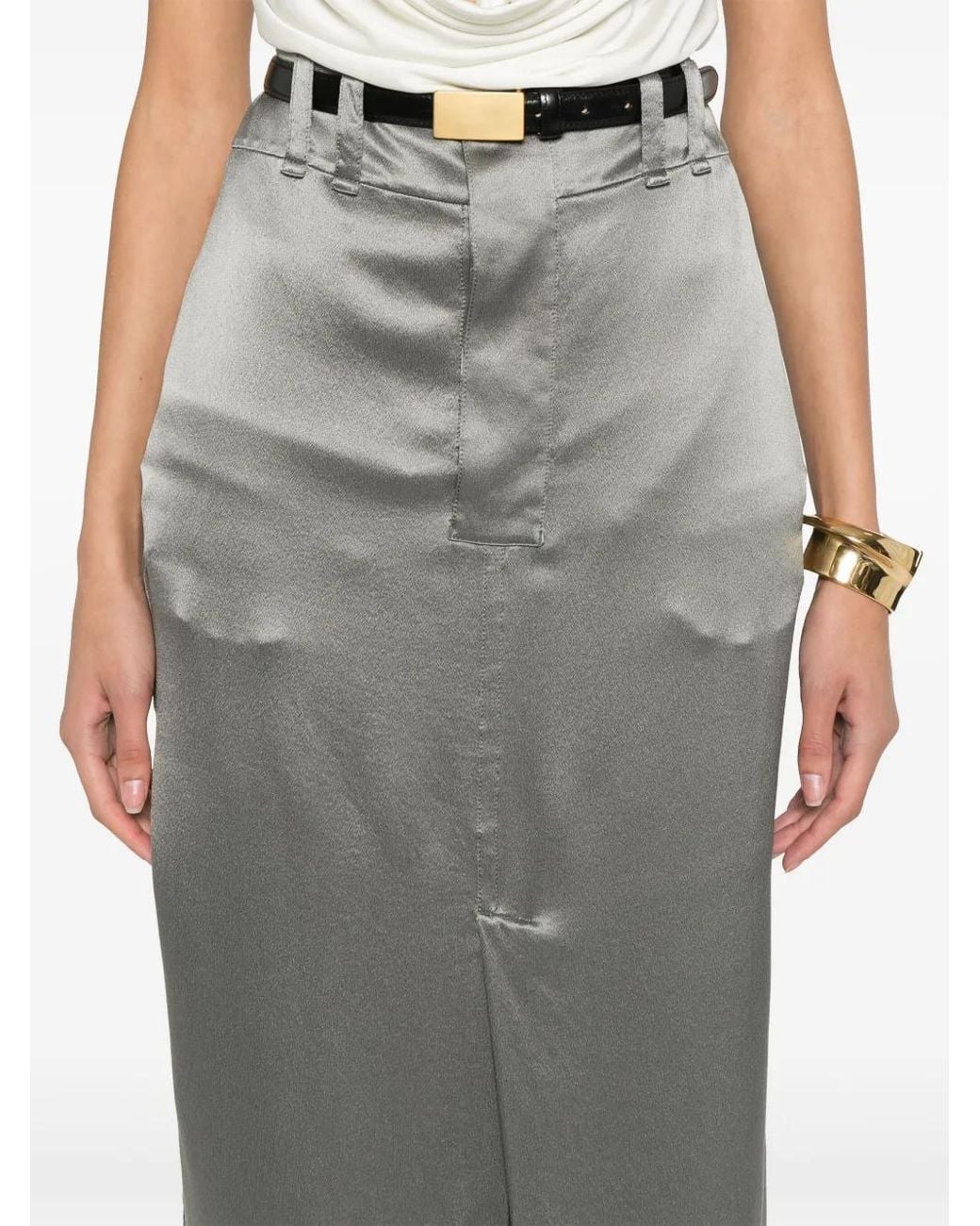 Saint Laurent Gray Silk Midi Skirt