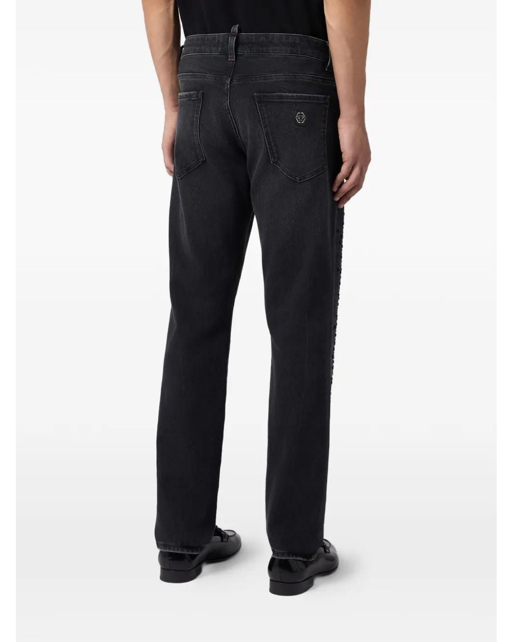 Philipp Plein Black Strass-Stripe Straight-Cut Jeans for men