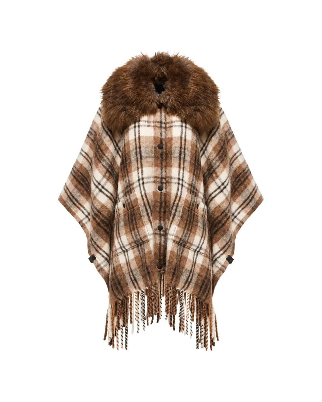 Moncler Brown Grenoble Check-Pattern Fringed Cape