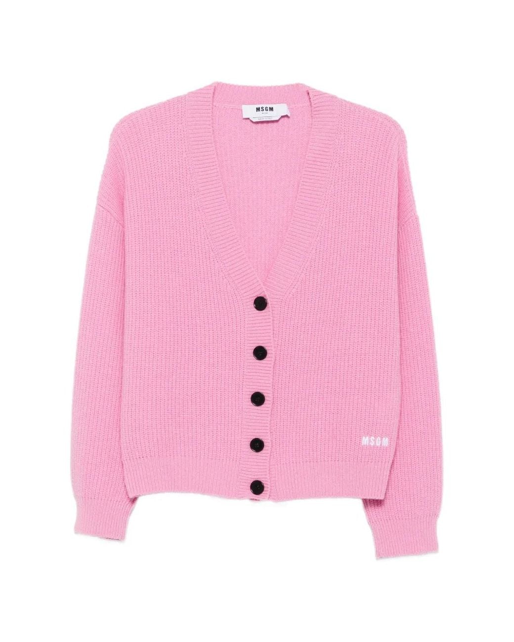 MSGM Pink Logo-Embroidered Ribbed Cardigan