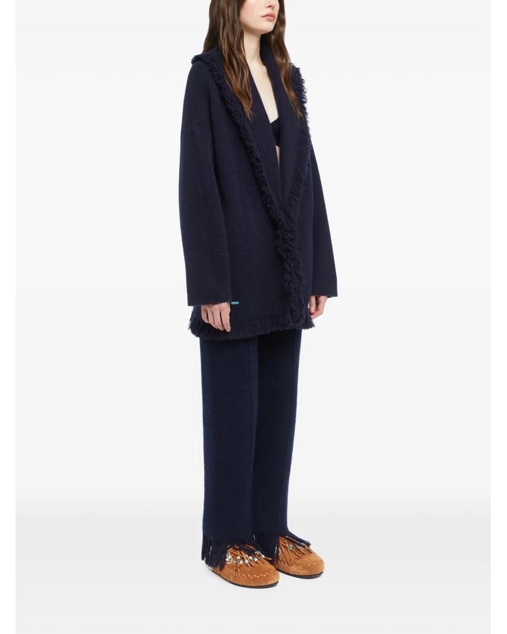 Alanui Blue Fringe-Trim Shawl-Lapel Cardigan