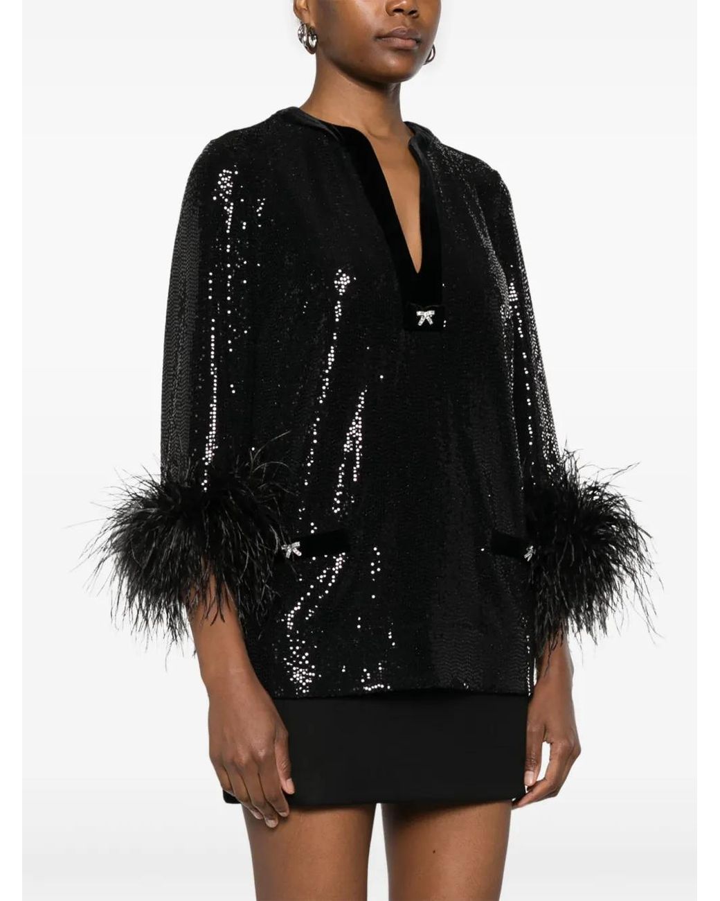 Nissa Black Feather-Trim Blouse