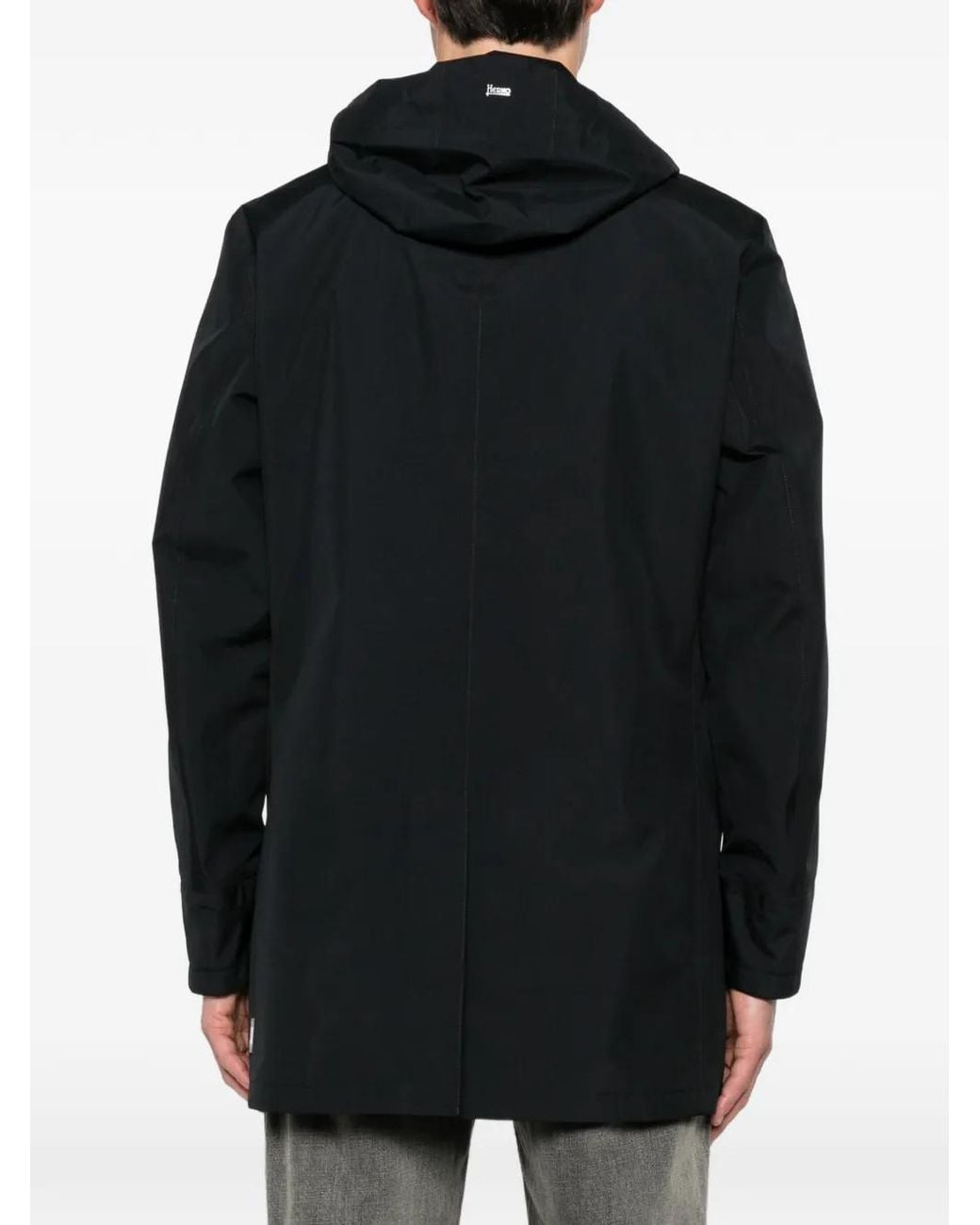 Herno Black Hooded Concealed-Fastening Raincoat for men