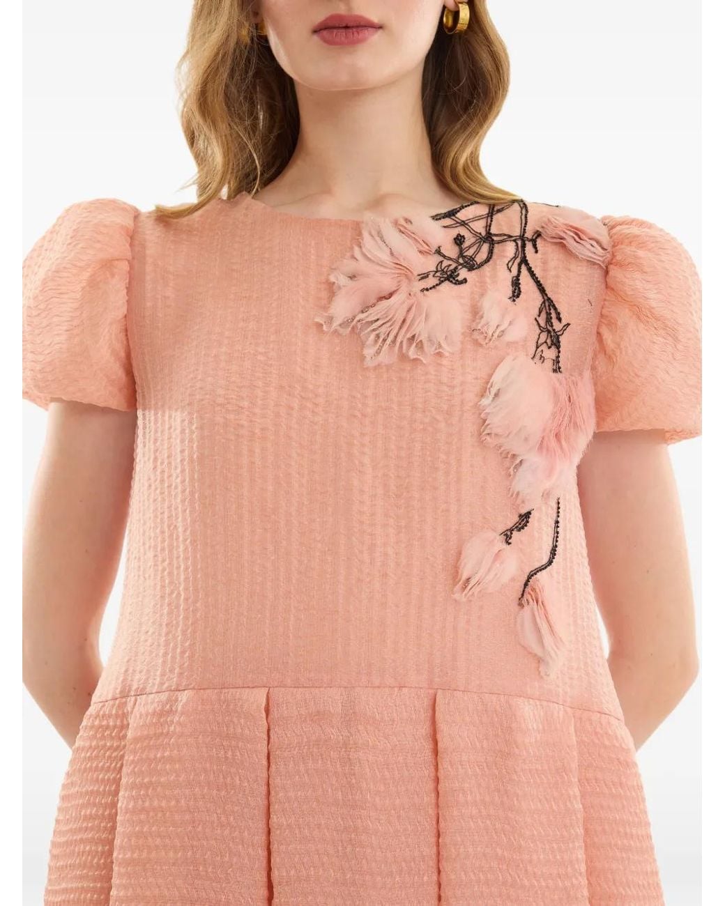 Gemy Maalouf Pink Floral-Appliqué Pleated Maxi Dress