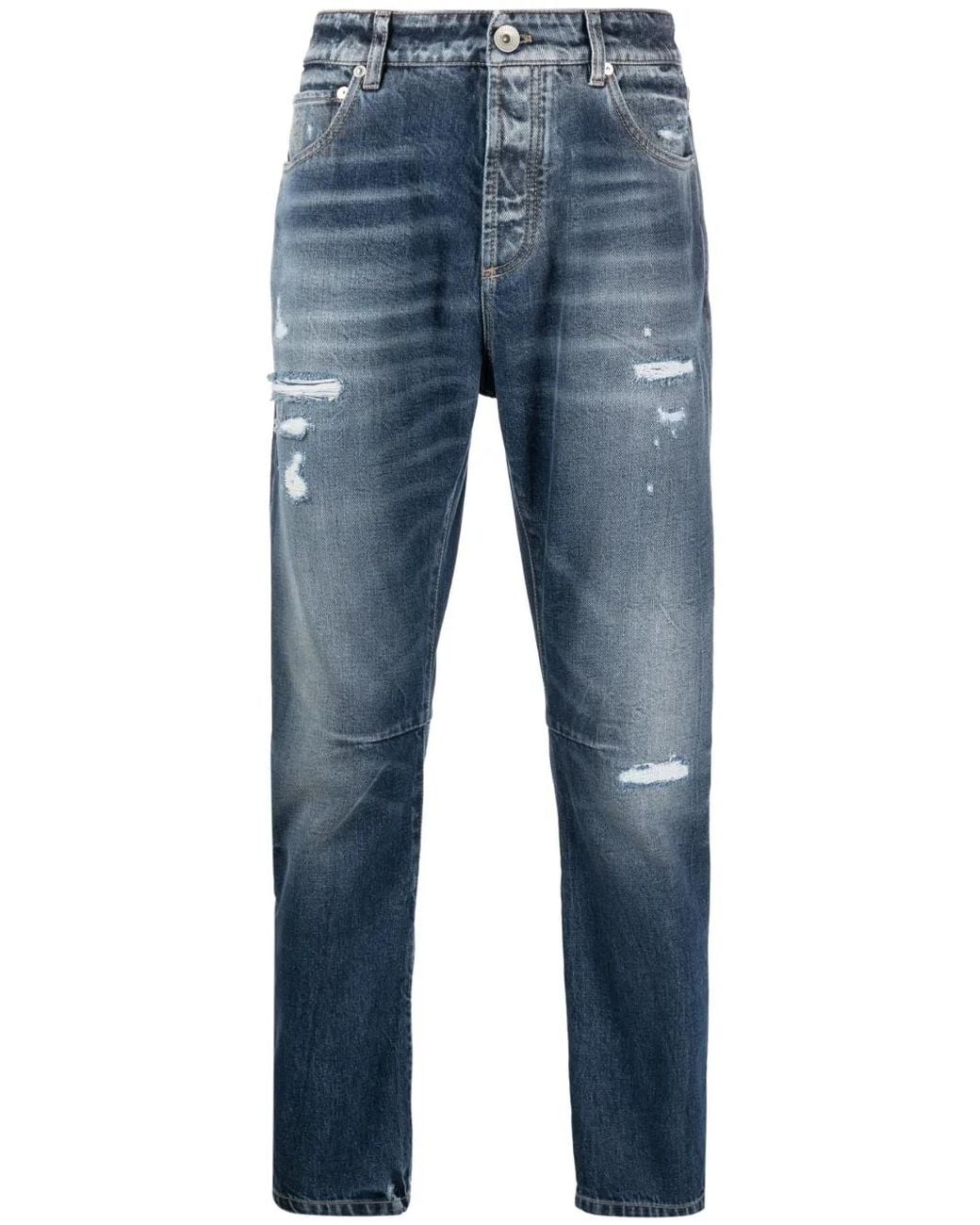 Brunello Cucinelli Blue Distressed-Finish Cotton Jeans for men
