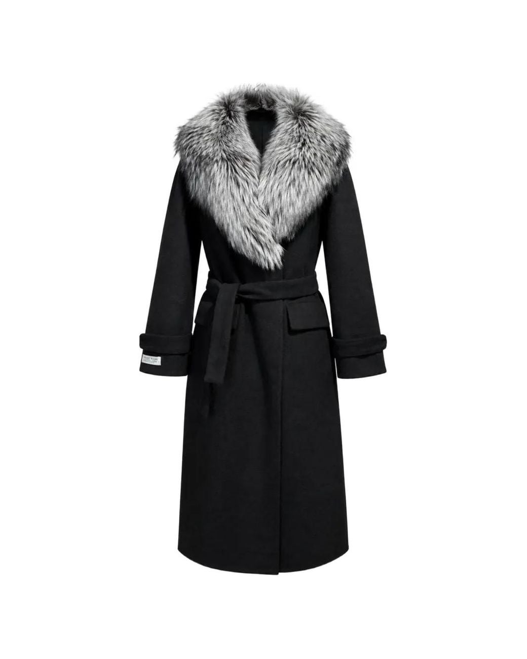 Poche Paris Black Faux-Fur Collar Belted Coat