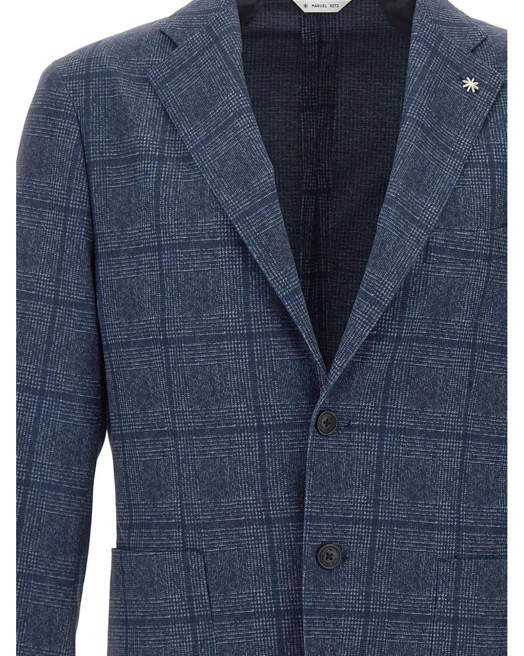 Manuel Ritz Blue Micro-Check Single-Breasted Blazer for men
