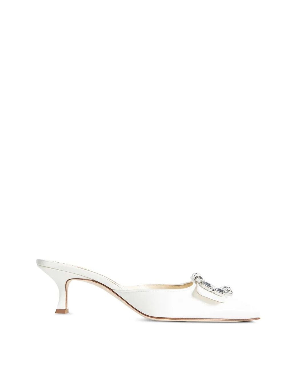 Manolo Blahnik White Mayjou Crystal-Buckle Satin Mules