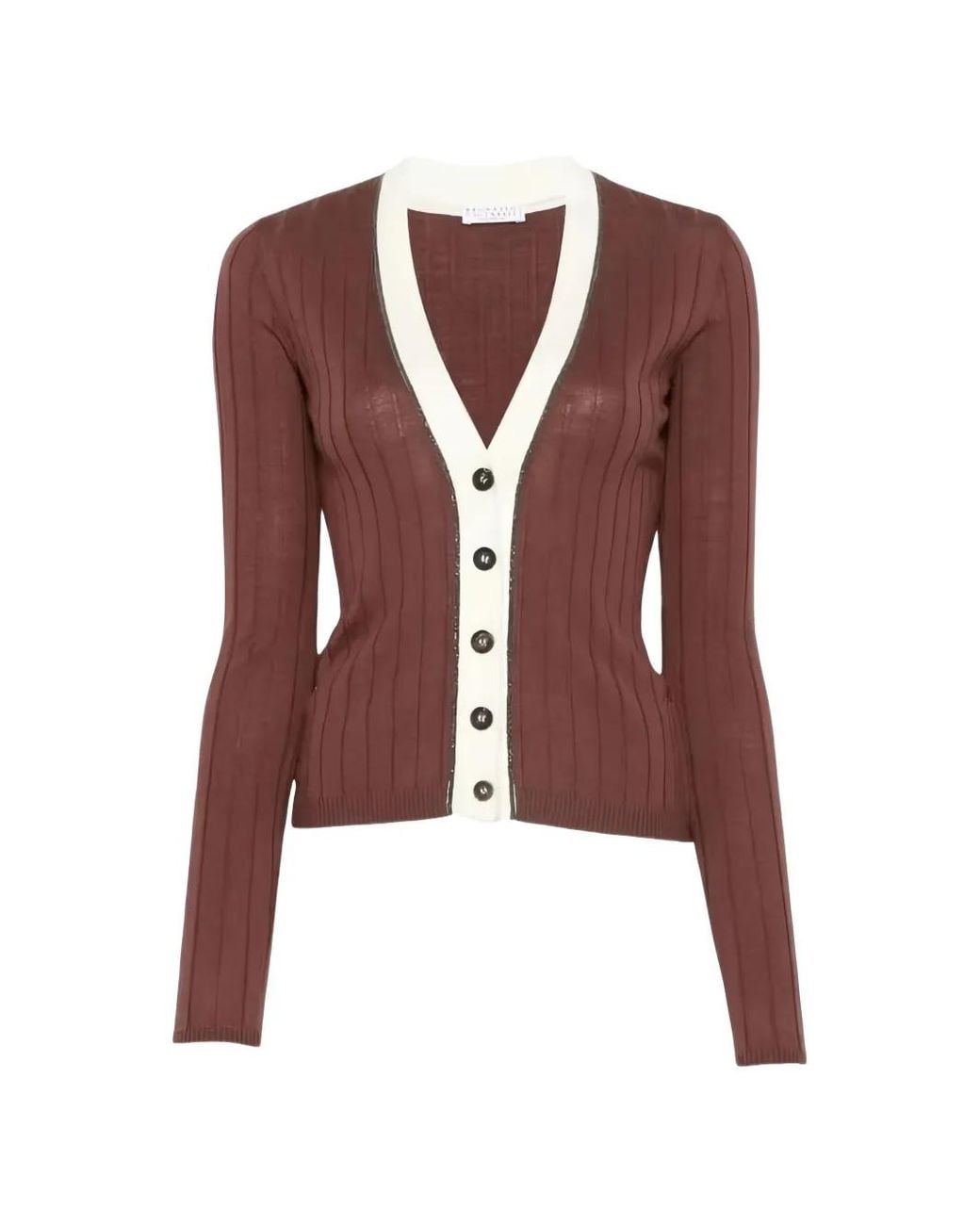 Brunello Cucinelli Red Ribbed-Knit V-Neck Cardigan