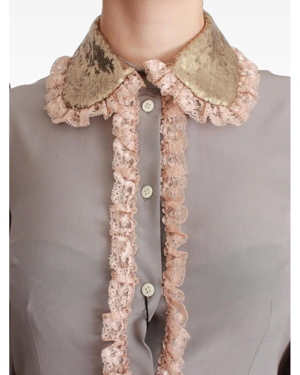 Dolce & Gabbana Gray Lace-Trimmed Sequin-Collar Shirt