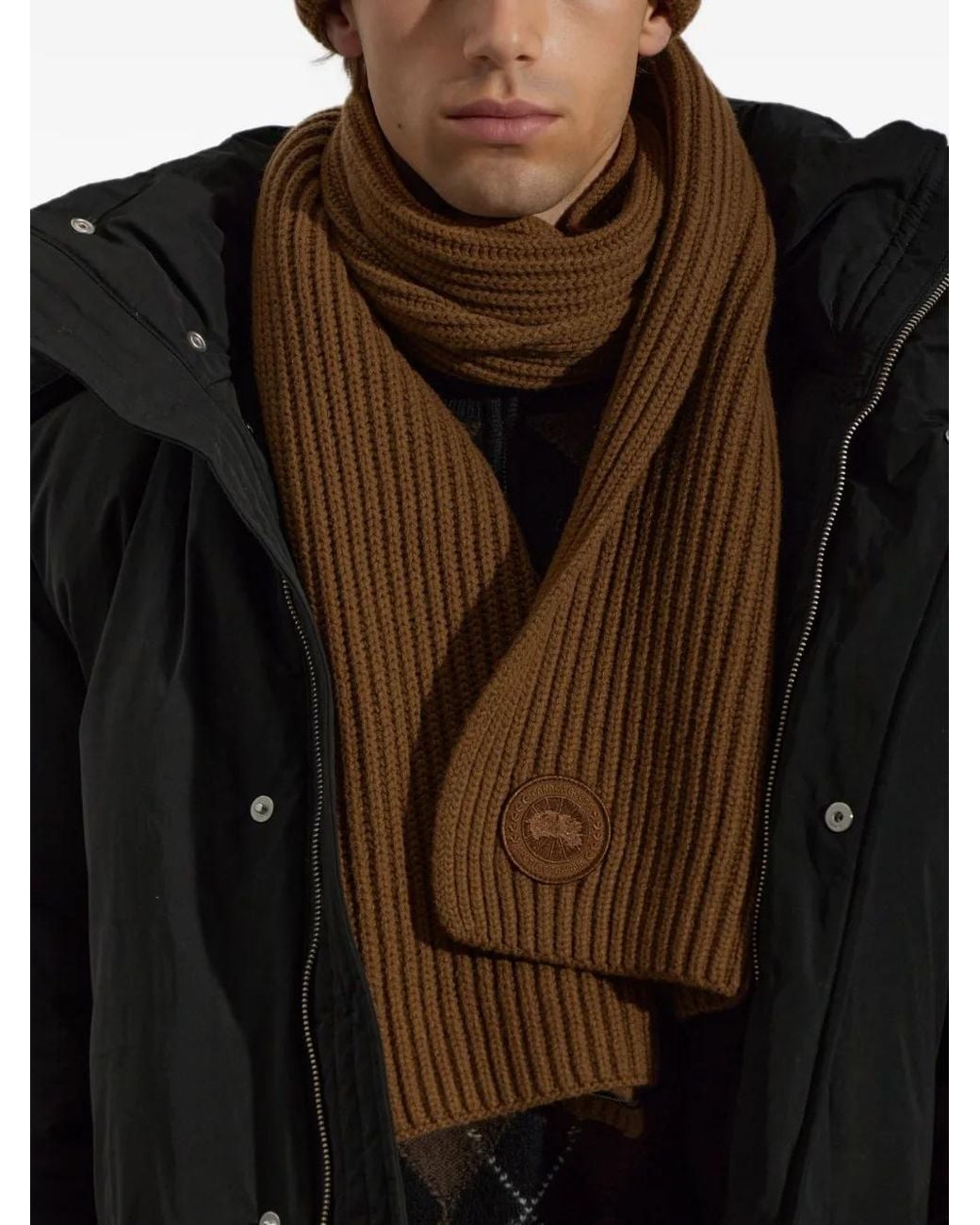 Canada Goose Brown Ribbed-Knit Logo-Patch Scarf