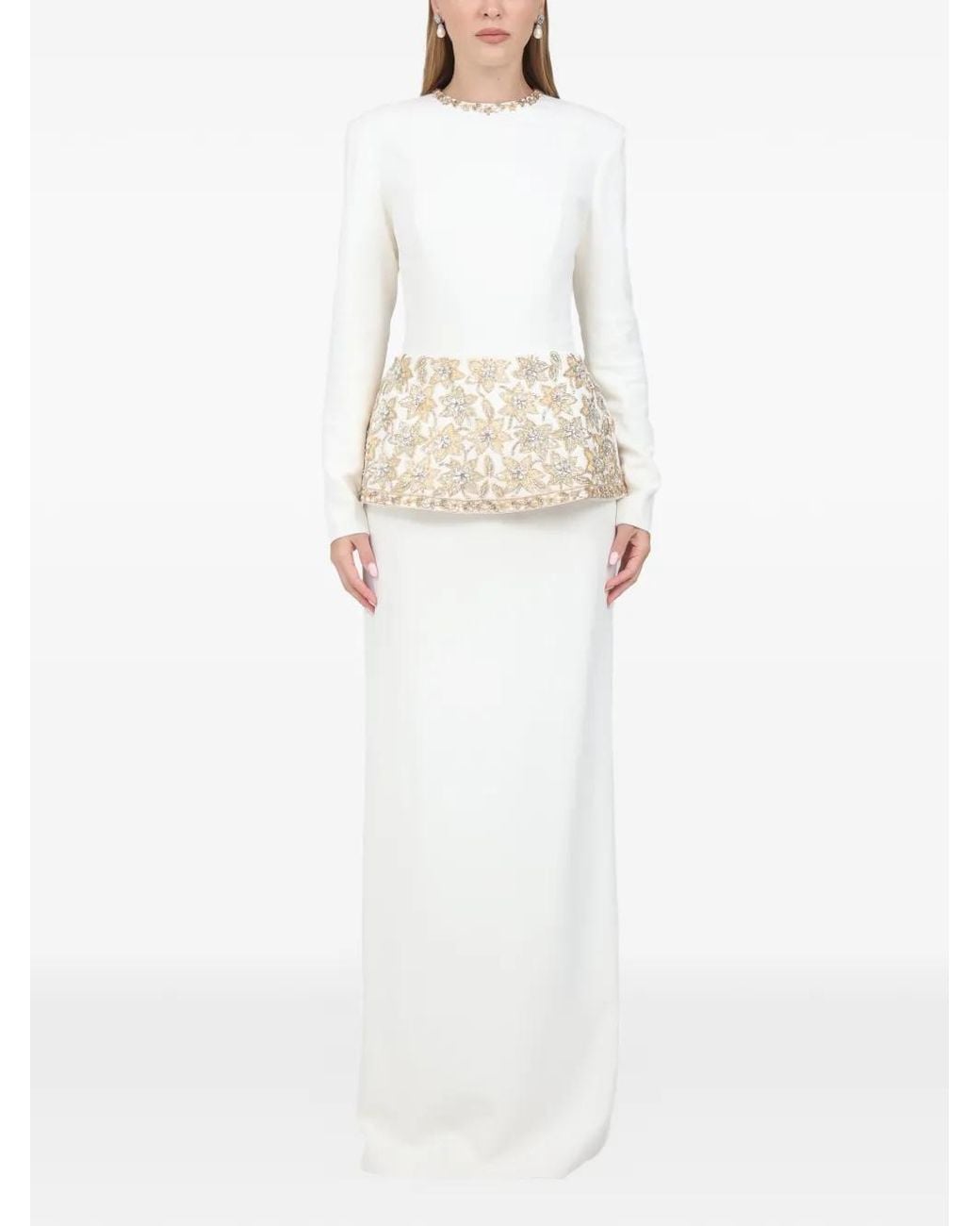 Dina Melwani White Crystal-Embellished Maxi Dress