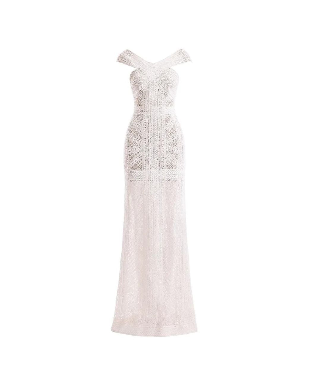 Gemy Maalouf White Geometric-Lace Off-Shoulder Dress