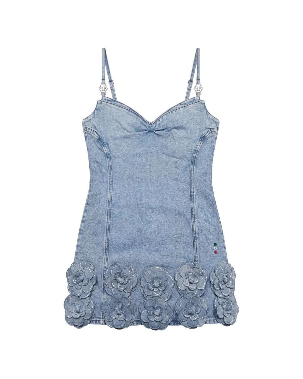 Philipp Plein Blue Denim Mini Dress Roses Strass