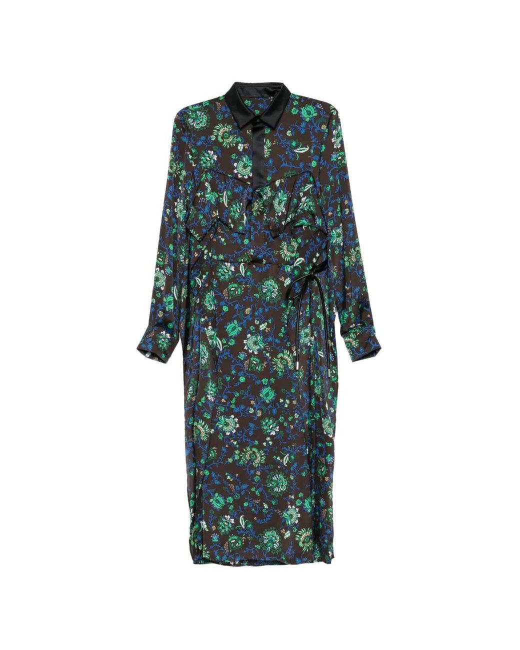 Sacai Green Floral-Print Ruffled Dress