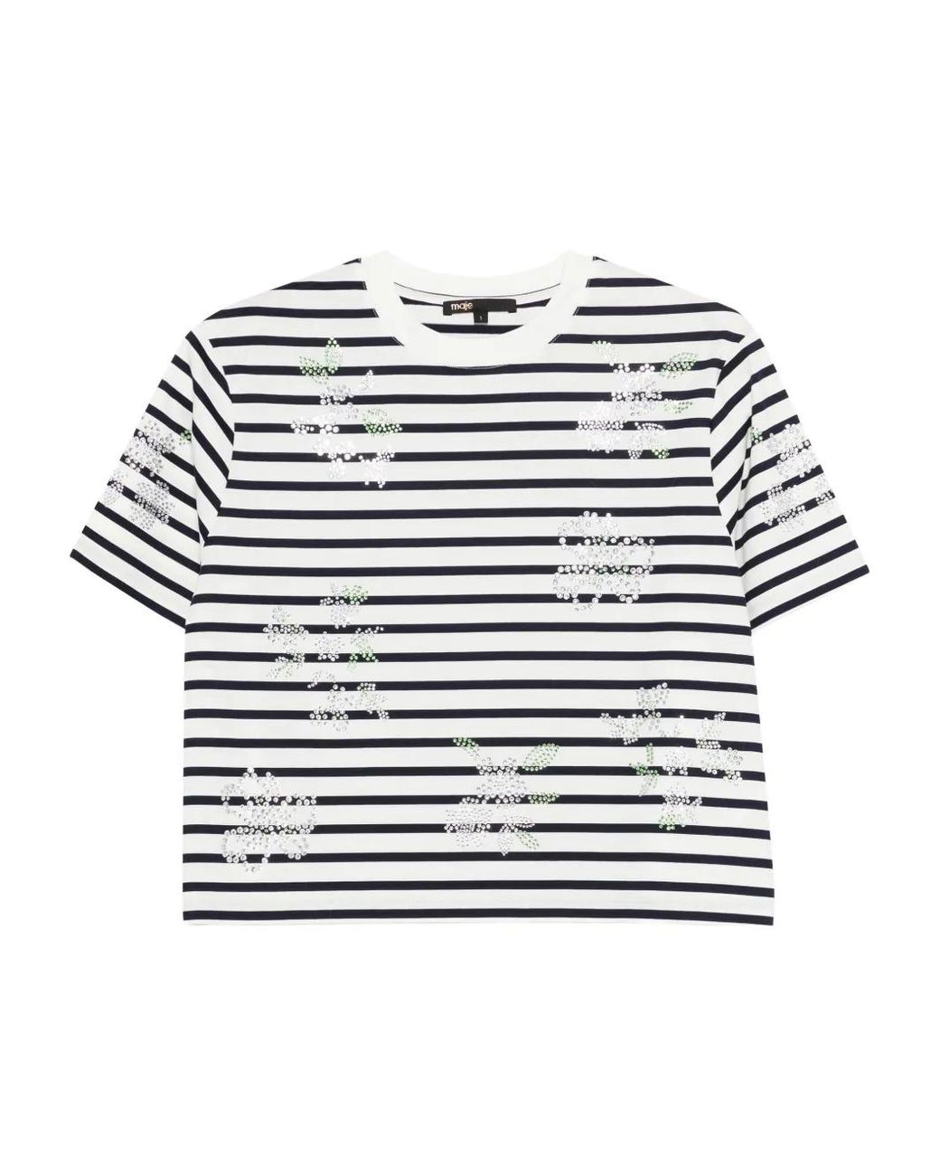 Maje Blue Striped Rhinestone Flower T-Shirt
