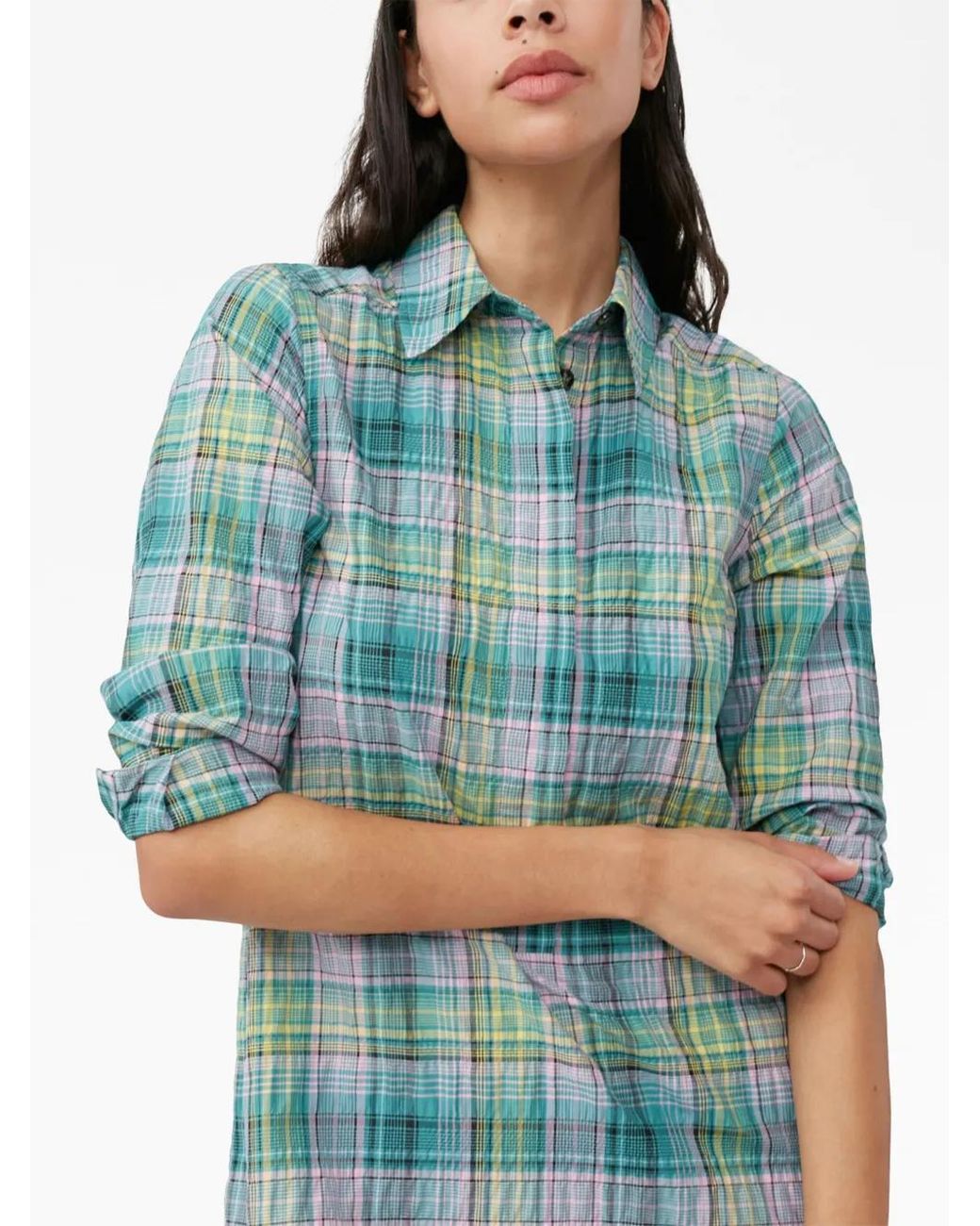 Ganni Blue Check-Pattern Seersucker Shirt Dress
