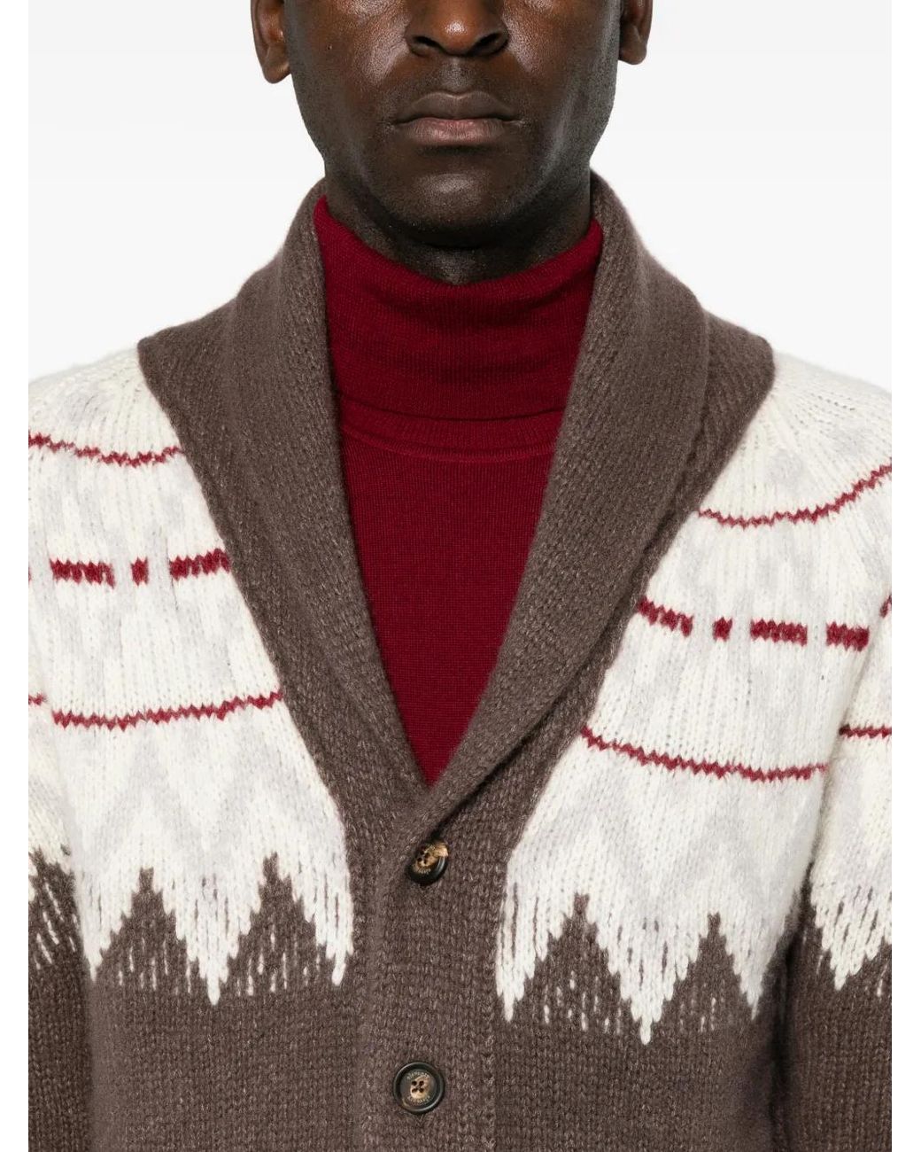 Eleventy Brown Fair Isle Shawl-Collar Cardigan for men