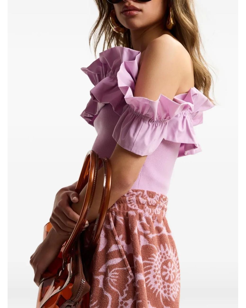 Essentiel Antwerp Pink Ruffled-Neck Off-Shoulder Top