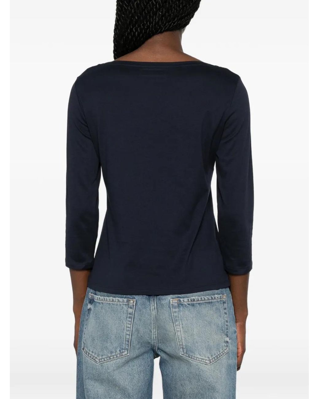 Purotatto Blue Boat-Neck Three-Quarter-Sleeve Top