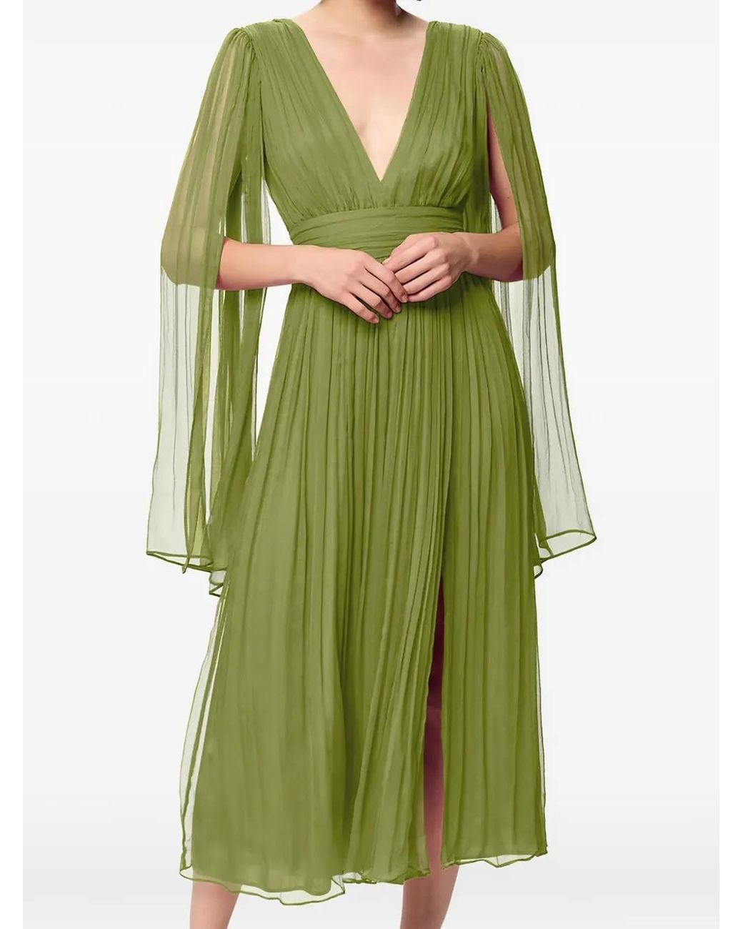 Framboise Green Pleated Silk Midi Dress