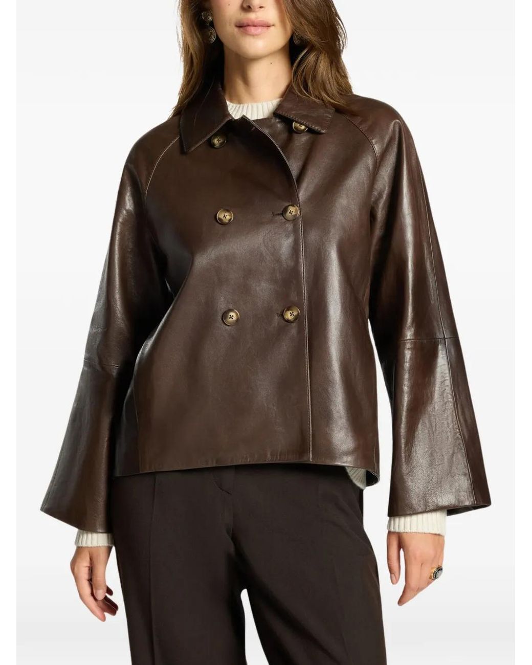 Elena Miro Brown Double-Breasted Leather Jacket