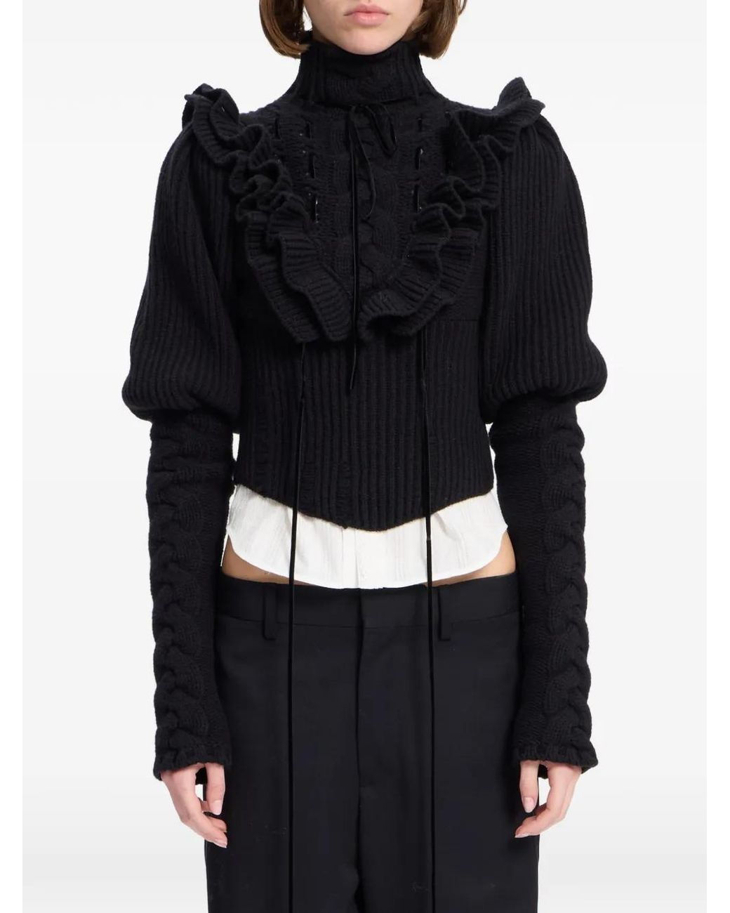 Ann Demeulemeester Black Ruffled-Detail Cable-Knit Sweater