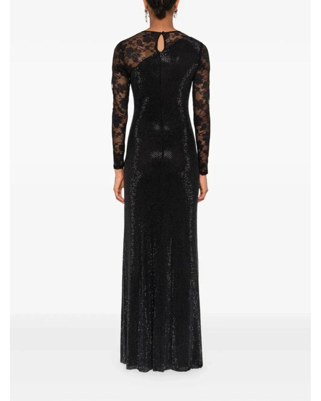 Self-Portrait Black Rhinestone Lace Sleeves Maxi Dress