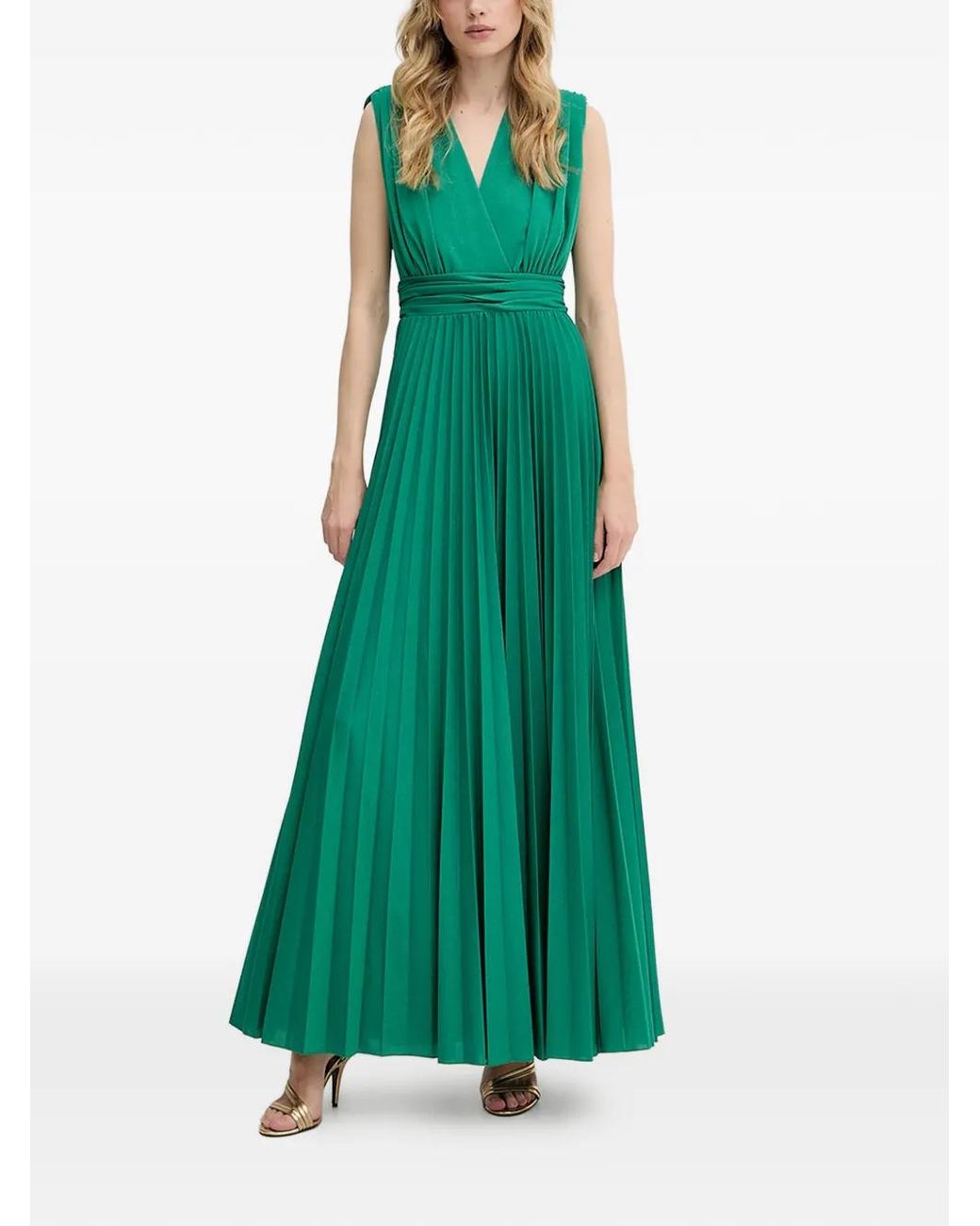Morgan Green Pleated V-Neck Maxi Dress