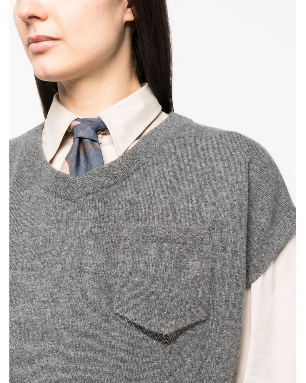 Brunello Cucinelli Gray Cashmere V-necked Top
