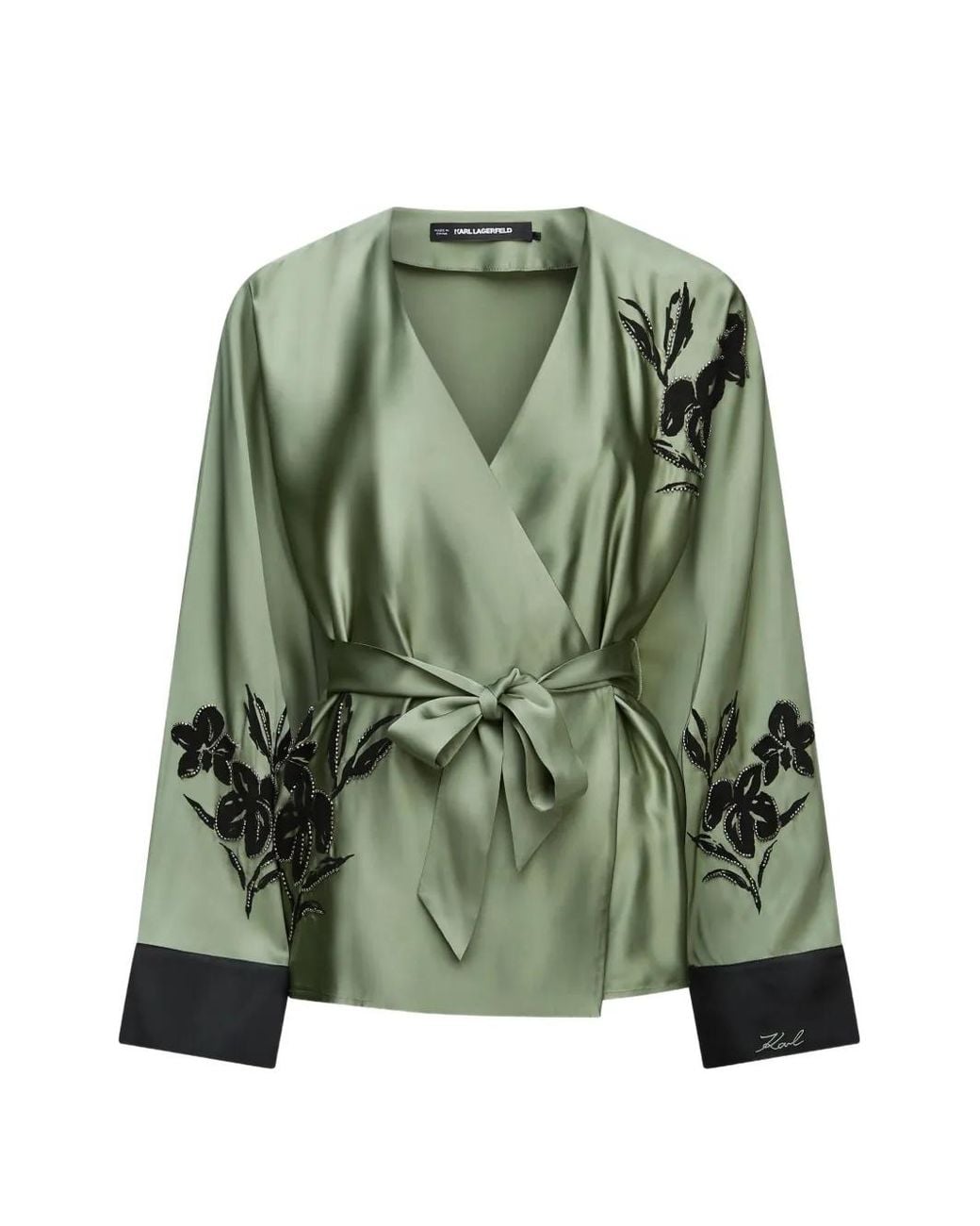 Karl Lagerfeld Green Floral-Embroidered Wrap Blouse