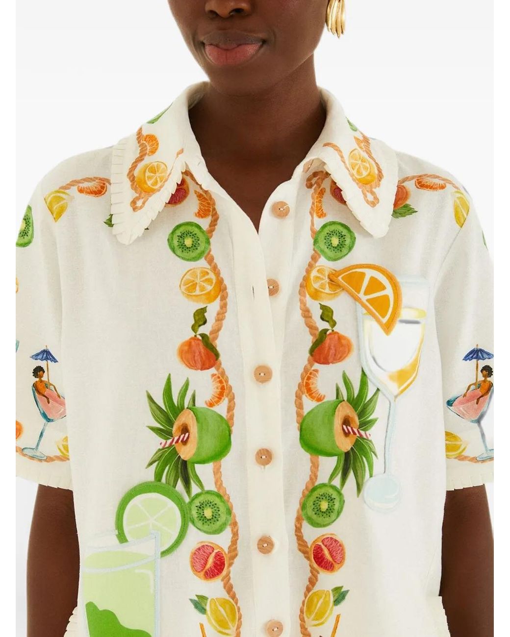 Farm Rio White Off- Biricutico Scarf Embroidered Short-Sleeve Shirt