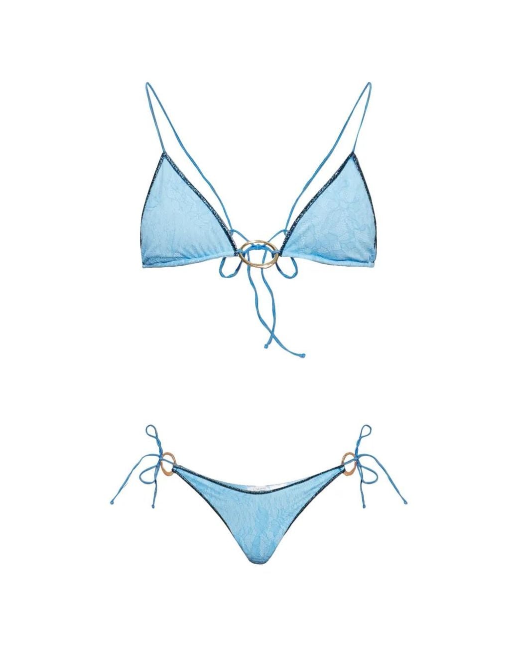 Oseree Blue Lace-Patterned Ring-Detail Bikini