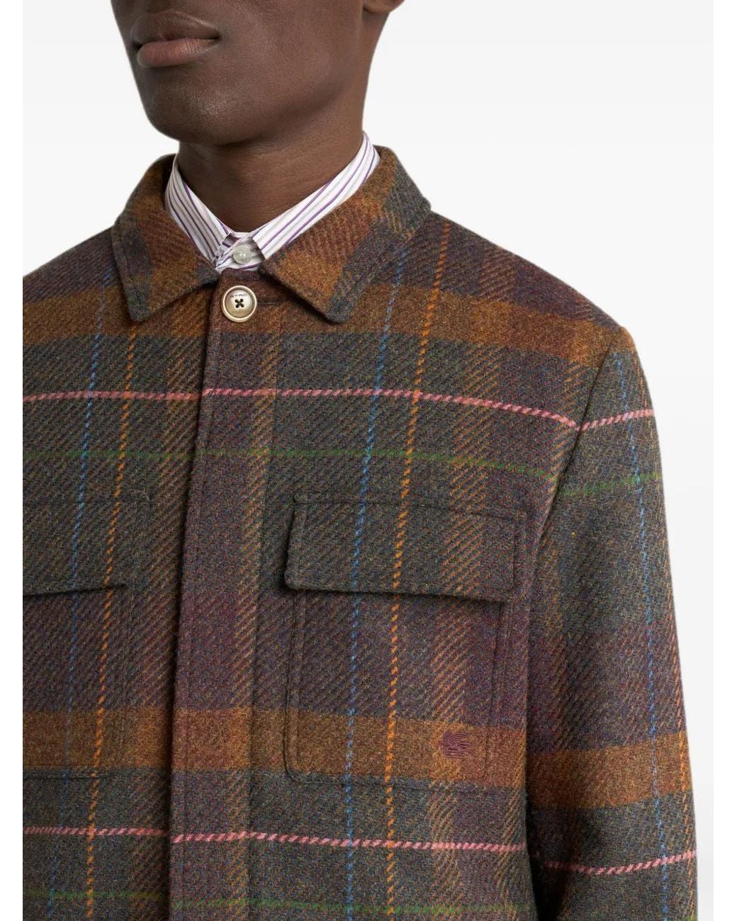 Etro Brown Madras Wool And Cashmere Shirt Jacket for men