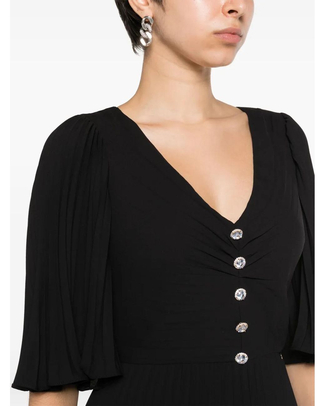Nissa Black Rhinestone-Embellished Pleated Dress