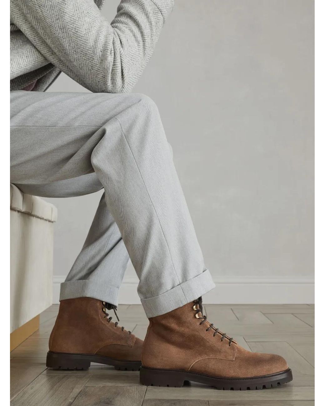Brunello Cucinelli Brown Lace-Up Suede Ankle Boots for men
