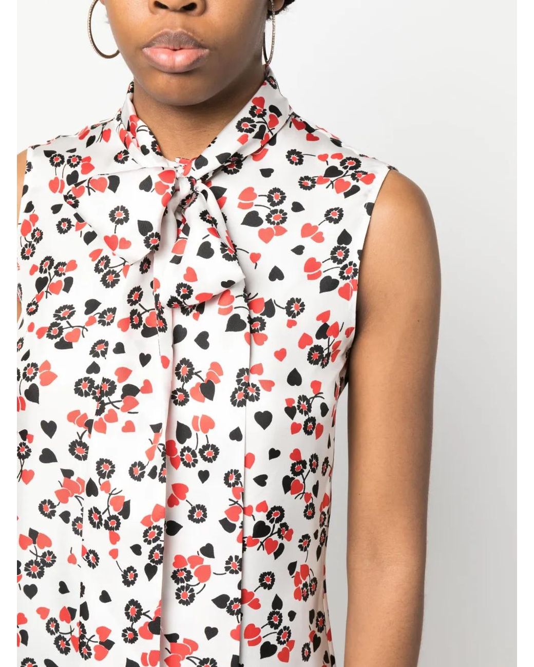 Moschino Red Floral-Print Pussy-Bow Collar Top