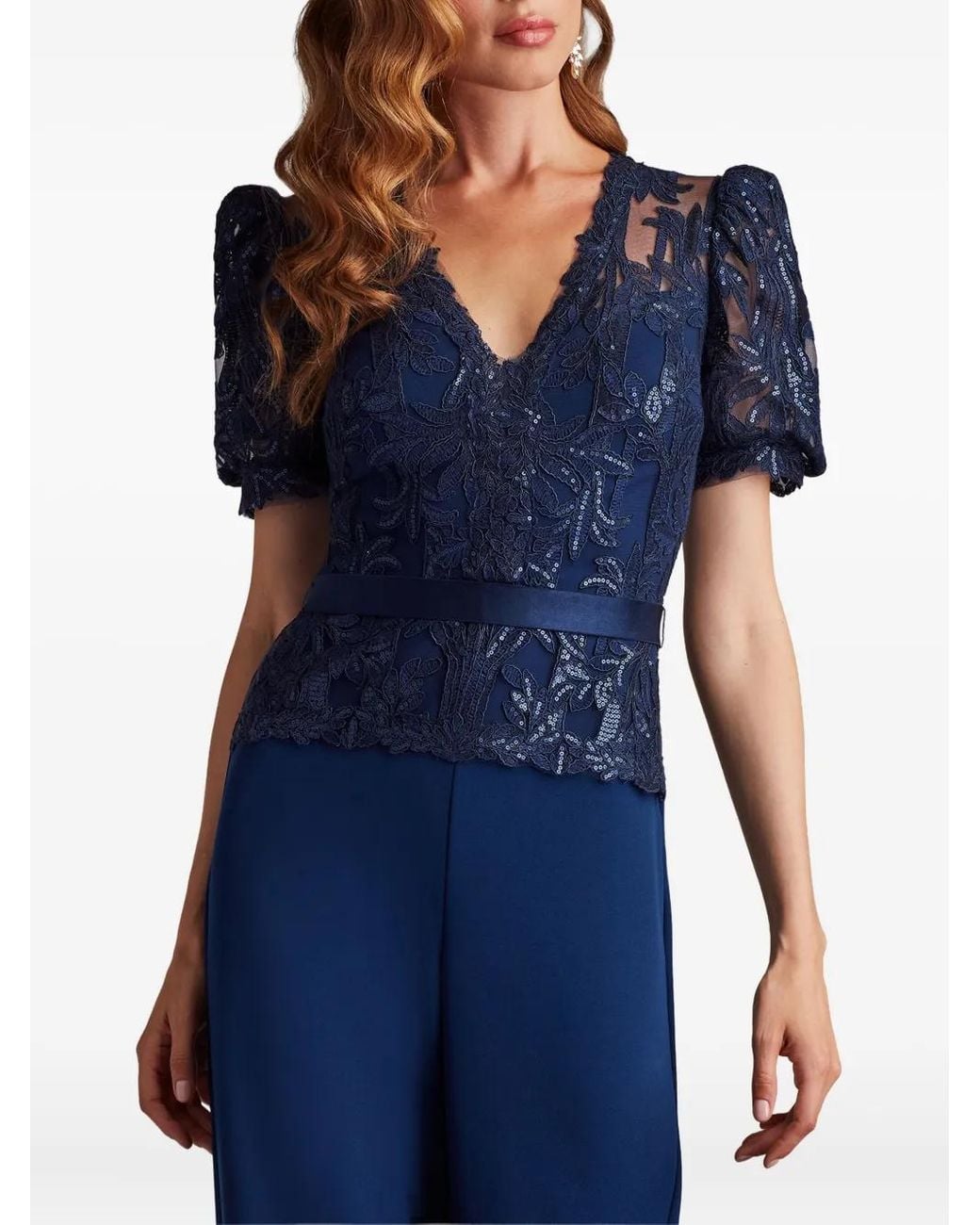 Tadashi Shoji Blue Sequin Lace Jumpsuit