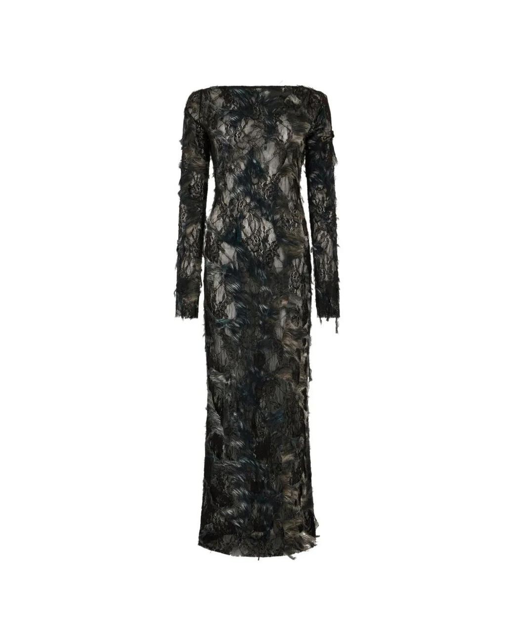 Roberto Cavalli Black Maxi Feather-Embellished Lace Dress