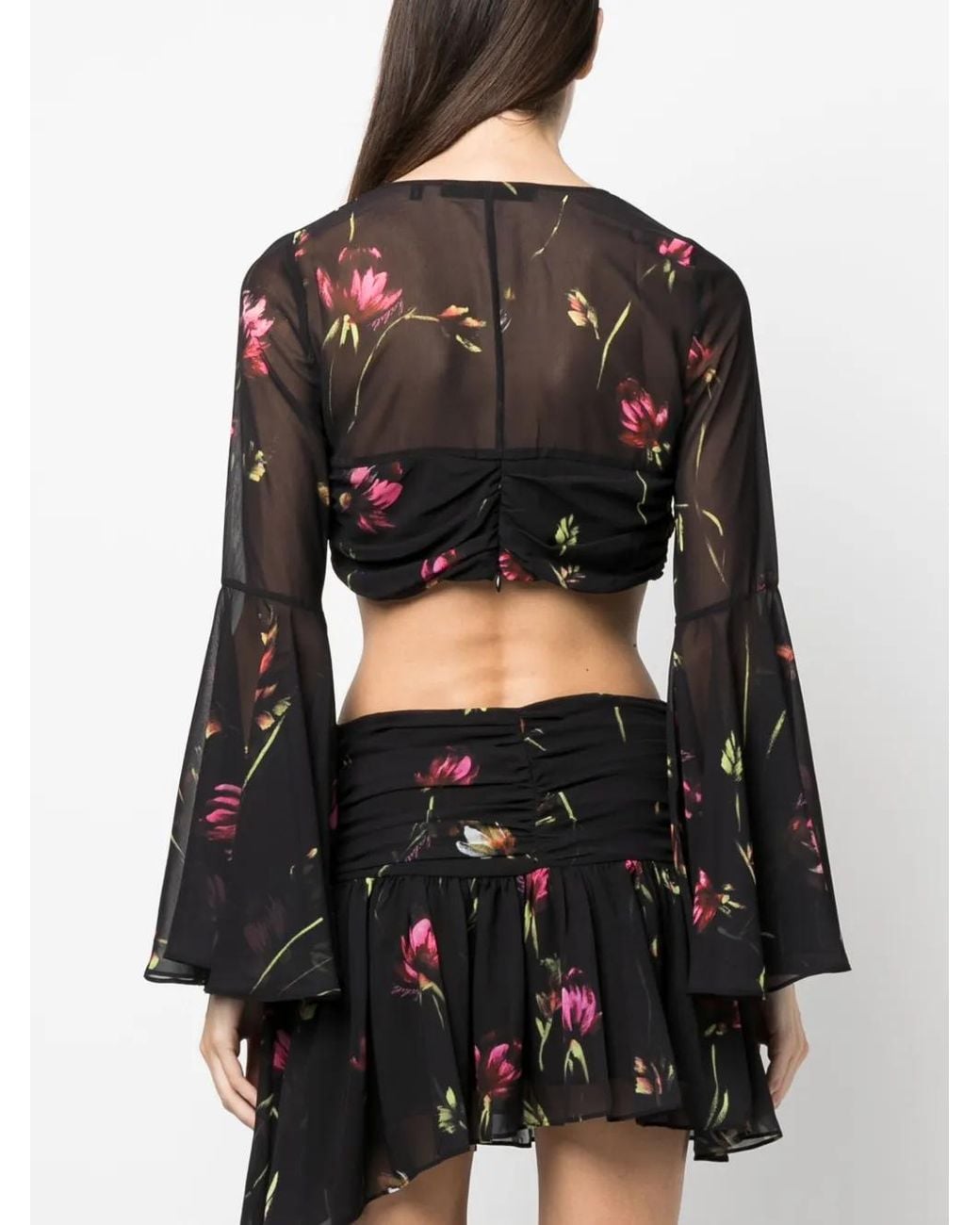ROTATE BIRGER CHRISTENSEN Black Semi-Sheer Floral-Print Cropped Blouse