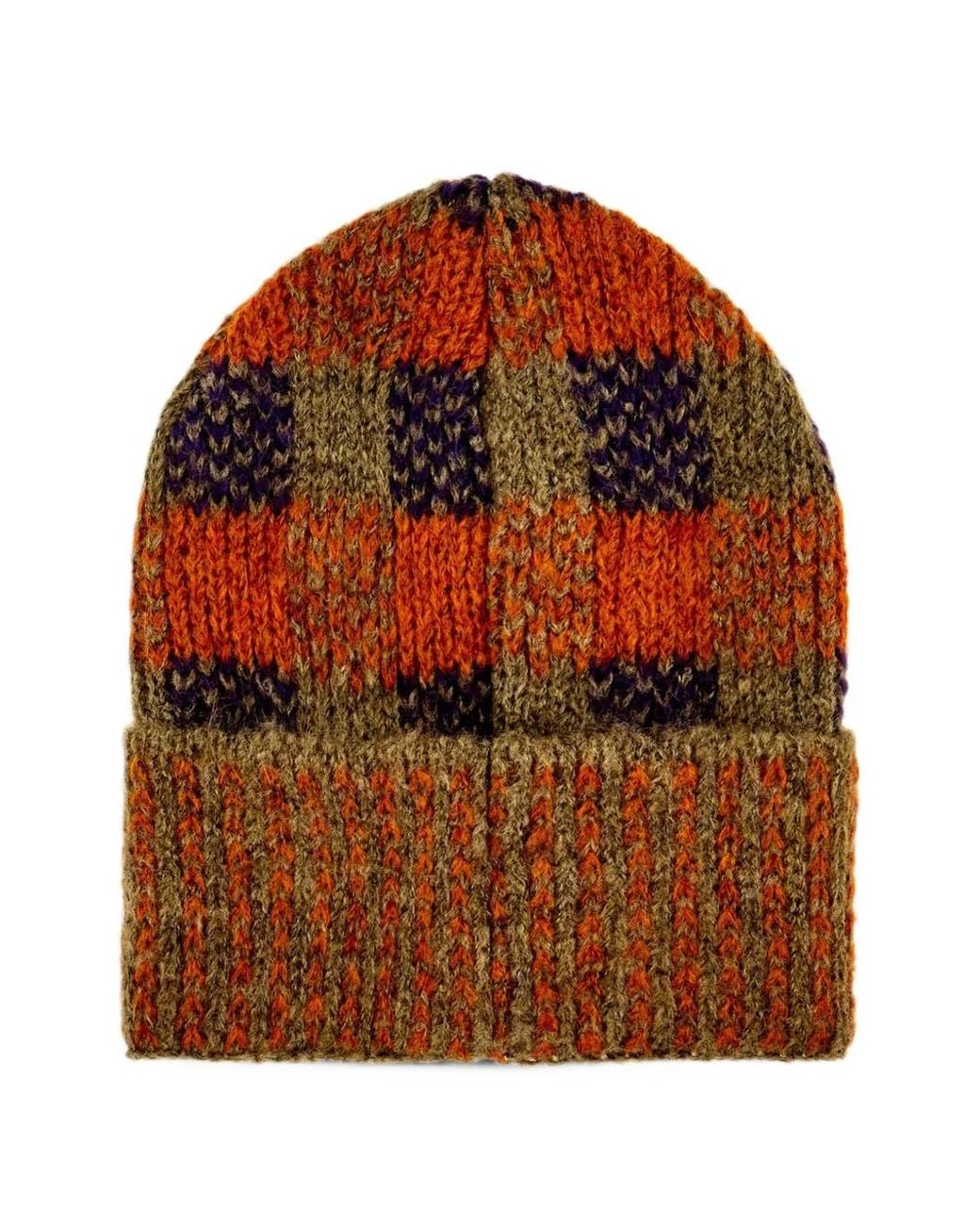 Gallo Orange Check-Pattern Knitted Beanie Hat