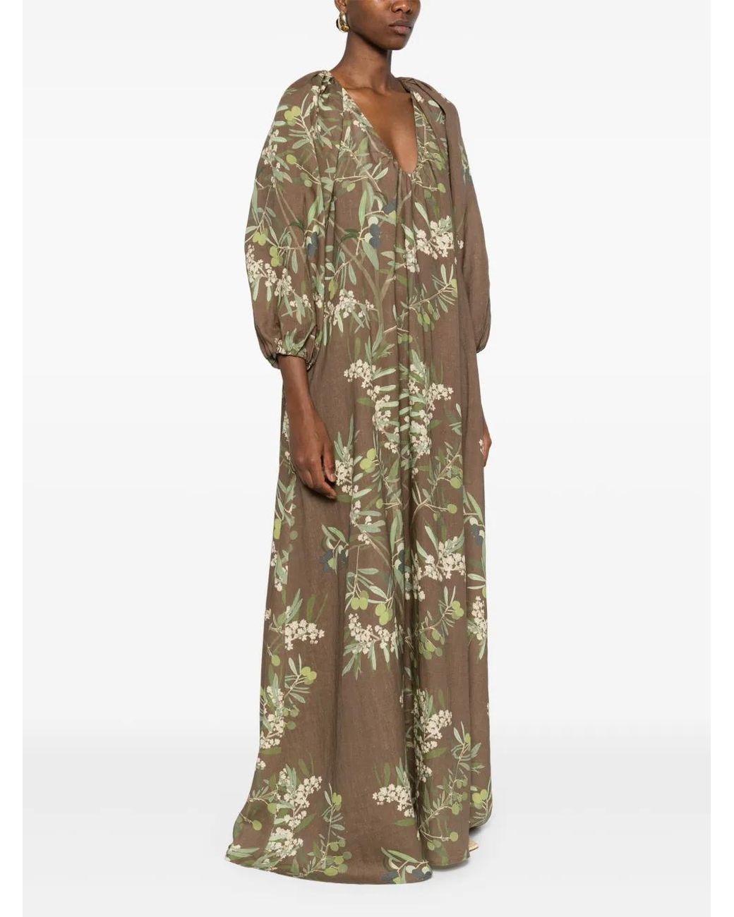 BERNADETTE Georgio Draped Floral-Print Linen Maxi Dress in Green | Lyst