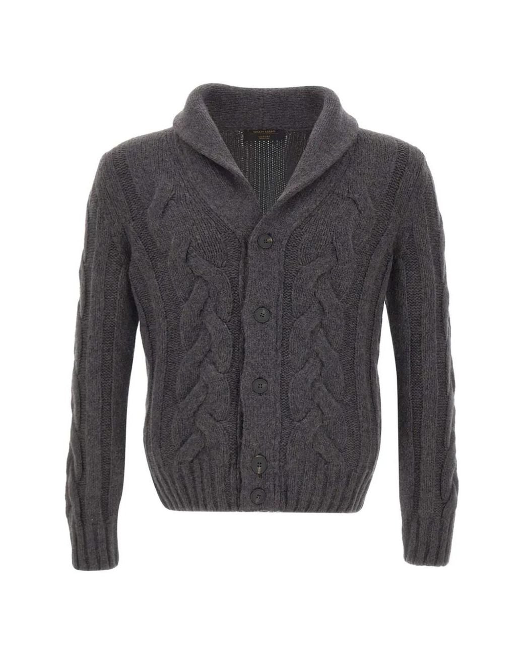 Gran Sasso Gray Cable-Knit Shawl-Collar Sweater for men