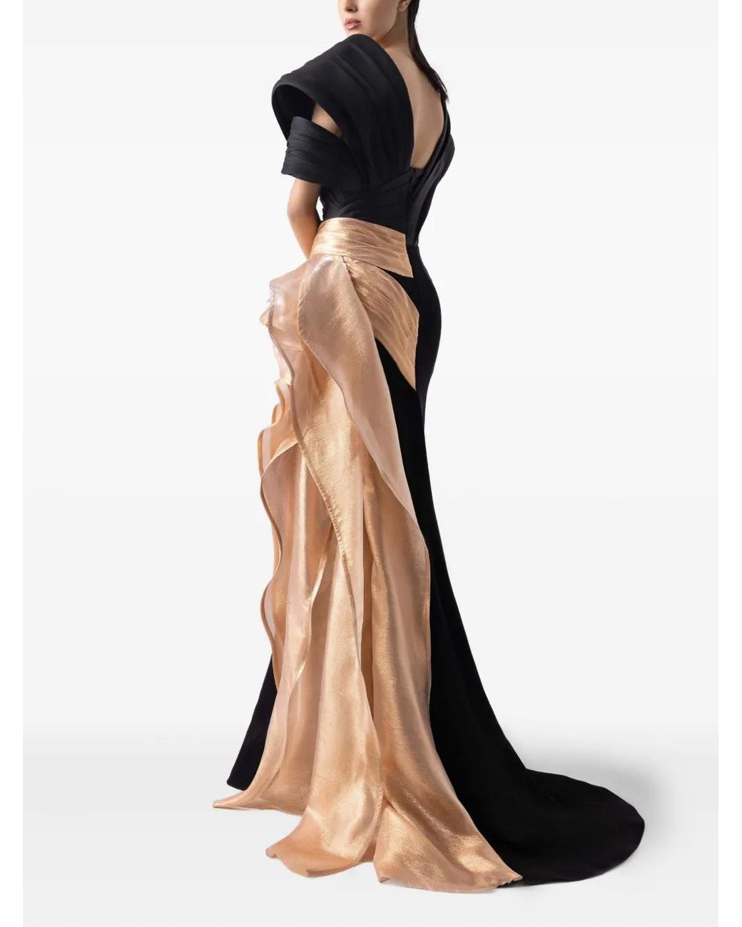 Gaby Charbachy Black Pleated-Panel Draped-Hem Evening Gown