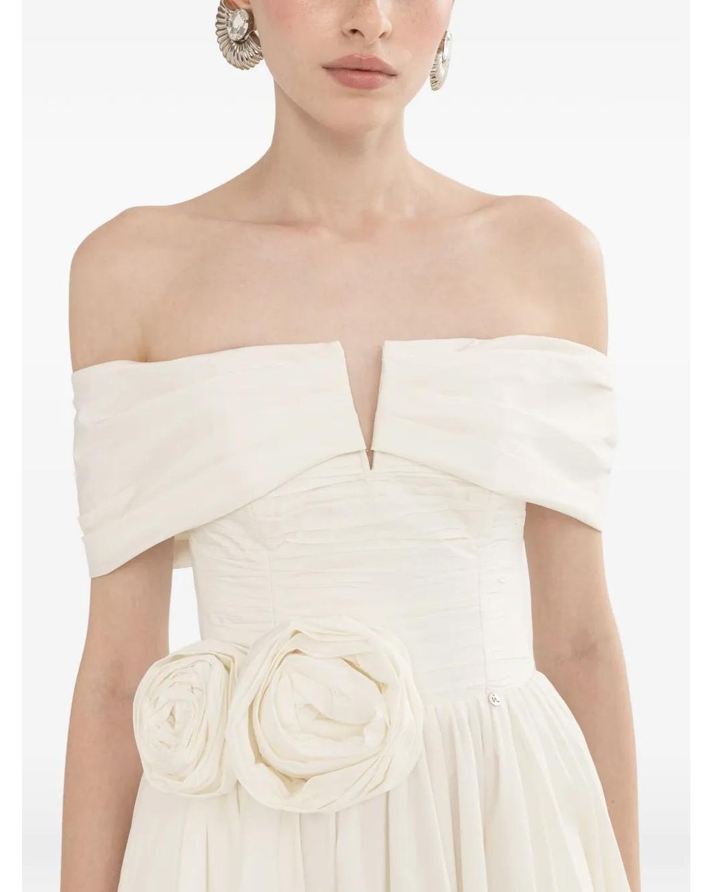 Nissa White Off-Shoulders Taffeta Midi Dress