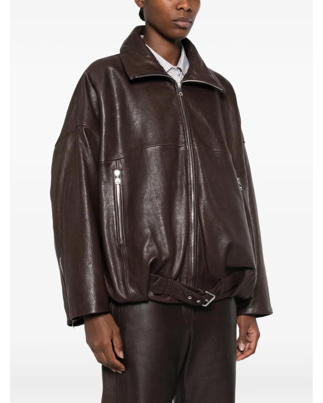 Emmeci Brown Belted Oversized Leather Jacket