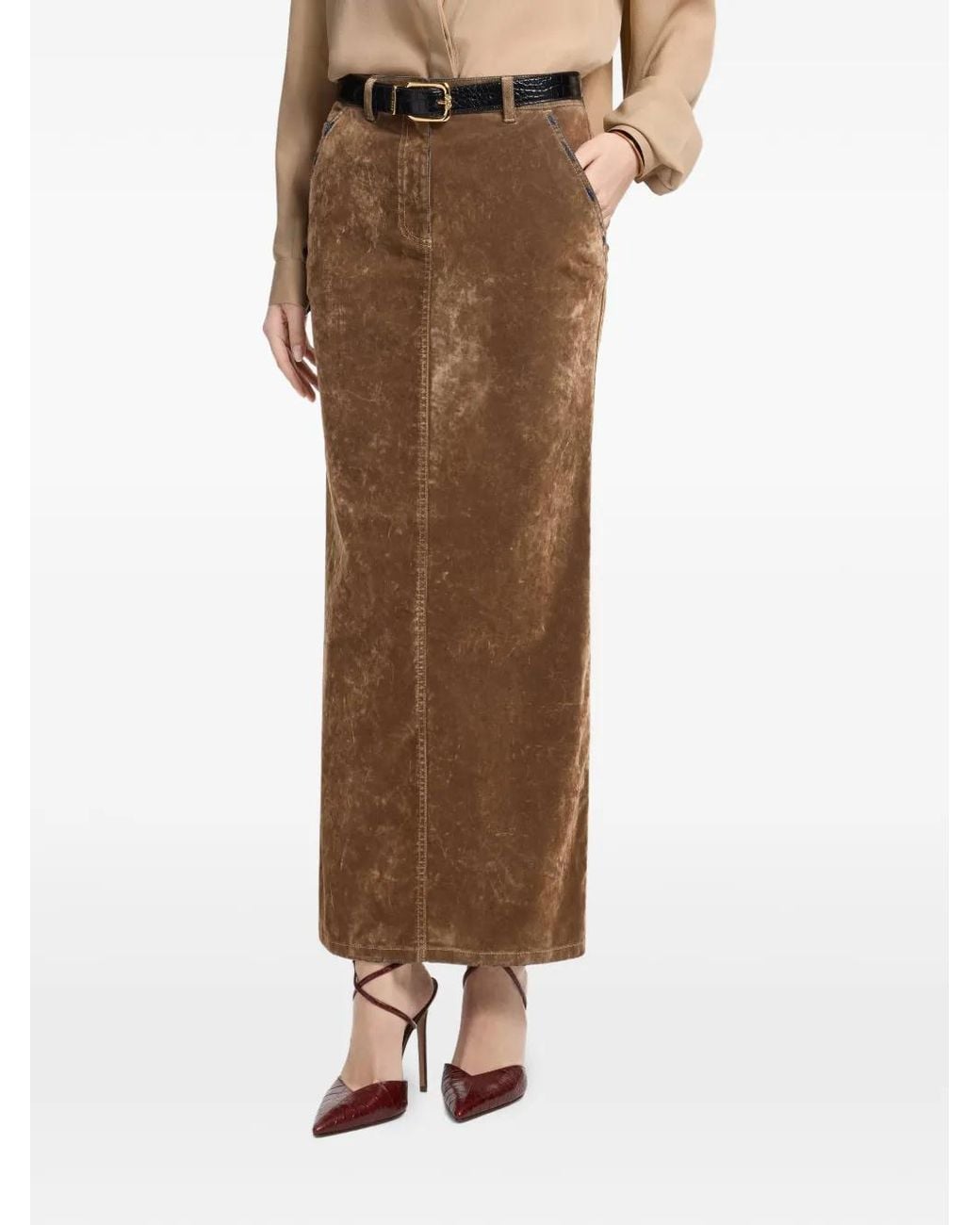 Elie Saab Brown Flocked Denim Maxi Skirt